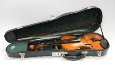 Violin, with two piece back, overall length 51.5cm, length of back 31cm, with bow and case.