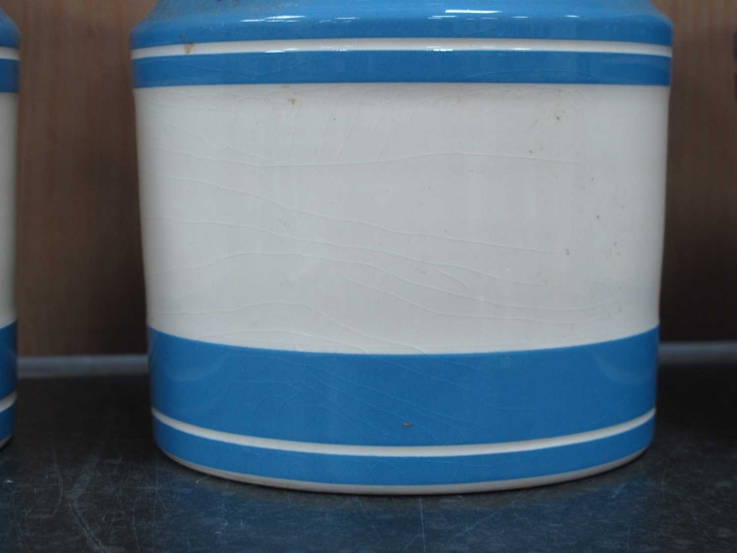 Three T.G Green Cornishware Storage Jars, black back stamp, Burleigh Calico milk jug. two Spode blue - Image 3 of 3
