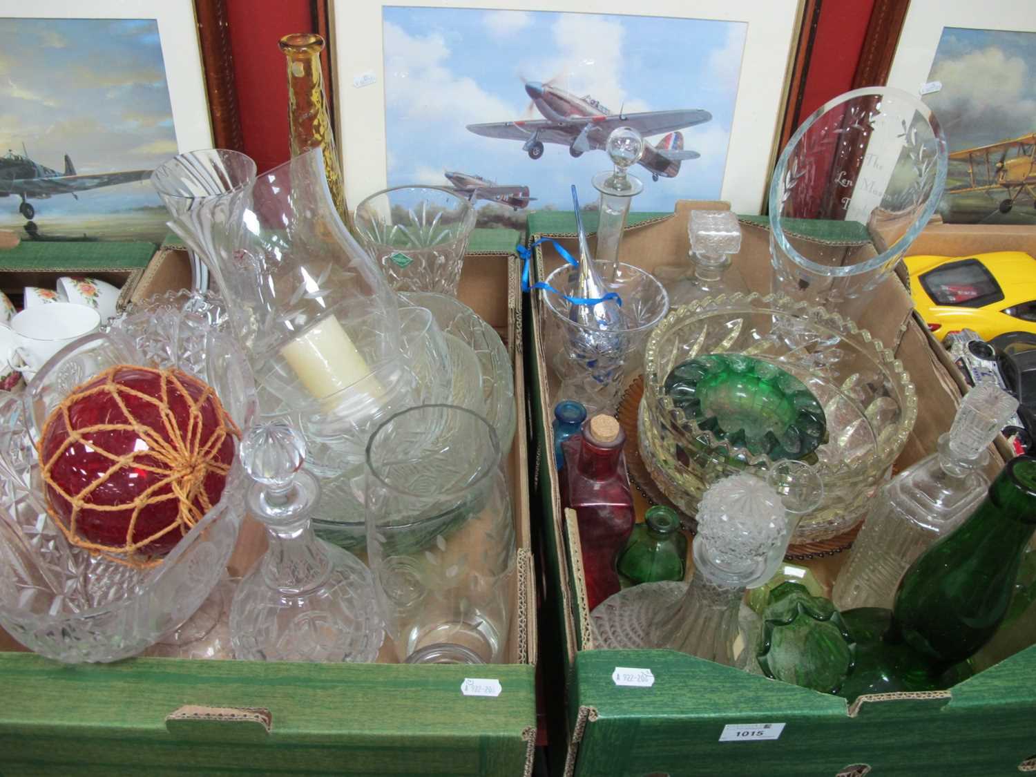Moulded Glass Decanters, bowls, vases, etc:- Two Boxes