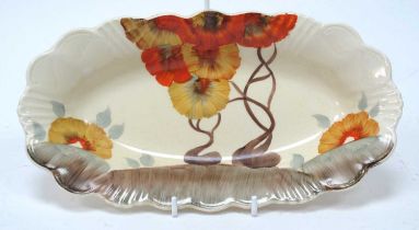 Clarice Cliff 'Rhodanthe' Pattern Dish, with wavy edge, depicting a stylised tree landscape, 26cm