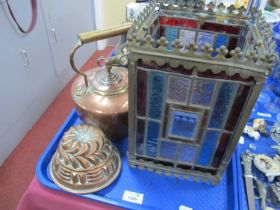 Brass Framed Hall Lantern, with leaded glass panels, 30cm high. Copper jelly mould and kettle.