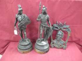 Pair of Spelter Figures Siegfried & Lohengrin, 39cm high (faults). Carry on To Victory iron wall