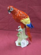 Sitzendorf Red Parrot Upon Tree Stump Figurine, 23cm high blue 'S' stamp under crown Small chip to