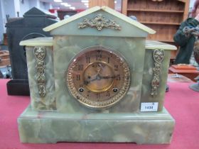 Ansonia Mantle Clock, eight-day movement in green onyx architectural case, 34cm wide.