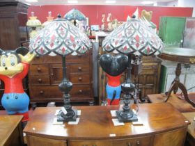 Pair of Tiffany Style Bronzed Table Lamps, with floral shades. Both shades have damage to rim, see