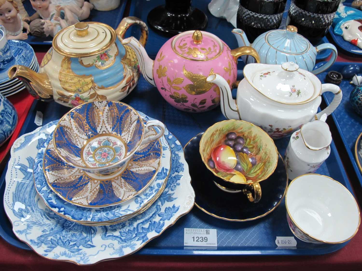 Royal Crown Derby 'Derby Posies' Teapot, Milk and Sugar, and 'Old Avesbury' (blue) plates,