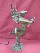 Winged Siren Figural Bronzed Lamp, on circular base, 36cm high.