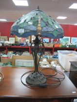 Tiffany Style Table Lamp, with twin branches, and dragonfly themed shade. A few glass panels with