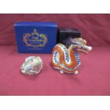 Royal Crown Derby Paperweights, 'Dragon' 11cm high and 'Marsh Frog', both gold stoppers and boxed (