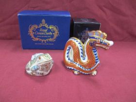 Royal Crown Derby Paperweights, 'Dragon' 11cm high and 'Marsh Frog', both gold stoppers and boxed (