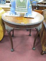 1920's Mahogany Occassional Table, with a circular top, gadrooned edge on cabriole legs, claw and
