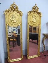 Pair of Gilt Framed Bevelled Wall Mirrors, each with upper panel featuring classical maiden bust,