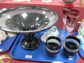 Hungarian Black Lead Crystal Bowl, pair matching tumblers, pair ruby flashed glass flutes and