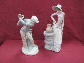 Lladro Figure as a Golfer in Full Swing, 28cm high. Nao figure of a lady by jug (2).