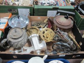 Potter's Steel Ware Enamelled Kettle, lion mask door knocker, mincer teapots, etc:- One Box.