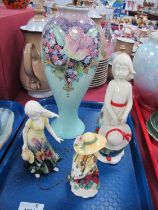 Old Tupton Vase, 26.5cm high, plus three figurines:- One Tray.