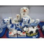 Moorland Pottery Cow Creamer, a pair of cats, a single larger Spaniel and one other:- One Tray.