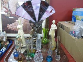 Art Deco Style Table Lamp, resin figures, bud vases, table lighter:- One Tray.