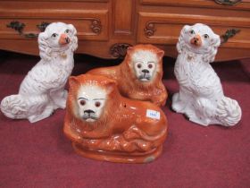 Pair of XIX Century Staffordshire Dogs, 32cm high, pair of pottery lions with glass eyes (one