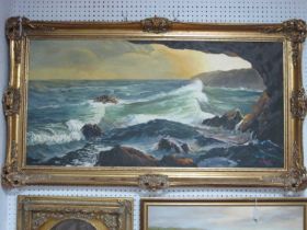 M & J Barton Choppy Coastal Seascape, oil on canvas, 50 x 101cm, signed lower right.