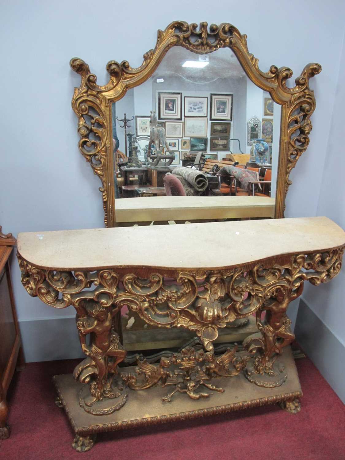 XVIII Century Style French Rococo Gilt Console Table and Mirror, mirror with a shaped top, C