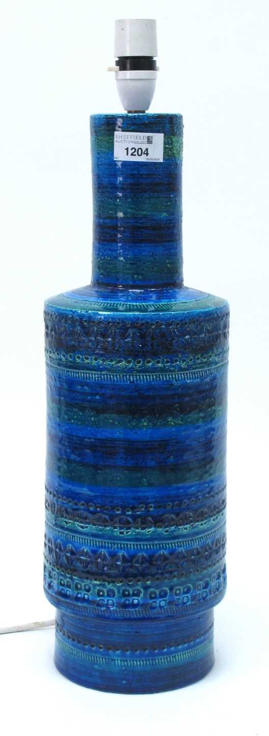 Aldo Londi (Italian) for Bitossi, a large Remini blue cylindrical table lamp, with incised detail No