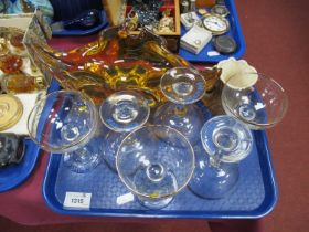 Six Babycham Glasses. Czechoslovakian mid XX Century amber glass bowl, 27.5cm wide, Hornsea fauna.