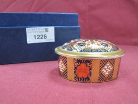 Royal Crown Derby 1128 Imari Oval Trinket Box, 1st quality, 8cm wide.