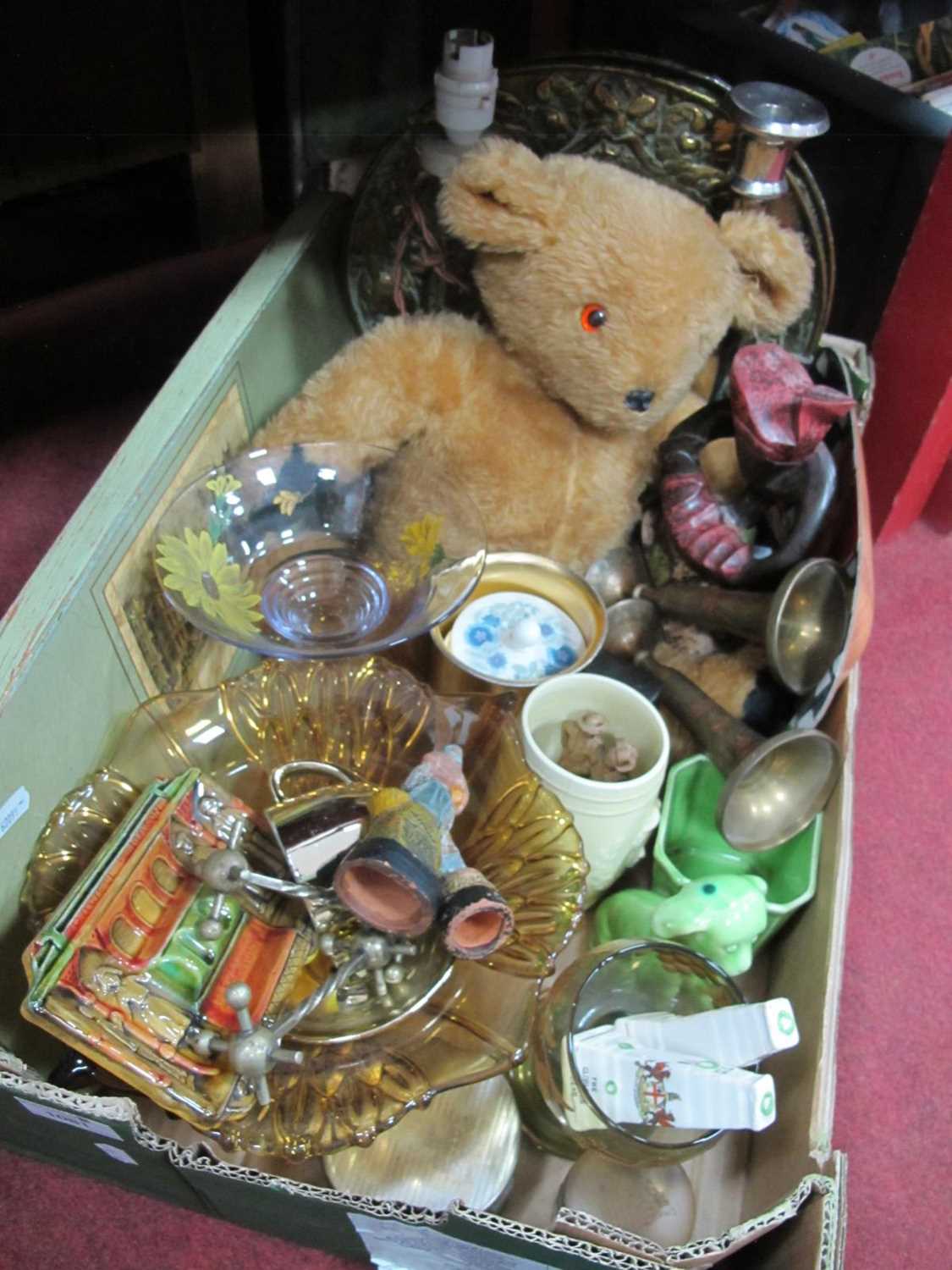 Teddy Bear, amber glass bowl, crested cenotaphs, figures, lamp, brass plaques, etc:- One Box.