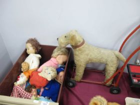Lines Brothers Push Along Gold Plush Terrier Dog. English, Hong Kong and other plastic dolls, soft