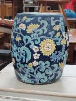 Chinese Style Pottery Garden Seat, with blue ground, floral decoration. 38cm tall.