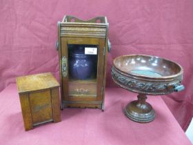 Early XX Century Oak Smokers Cabinet, with pottery tobacco jar, 32cm high, tobacco box, pokerwork