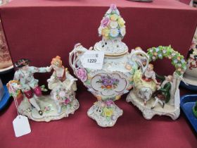 Sitzendorf Figure Groups of Regency Courting Couples, each encrusted with flowers, blue 'S' stamp