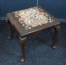 A XX Century Mahogany Square Stool, with woolwork tapestry top, on cabriole legs with pad feet, 56cm