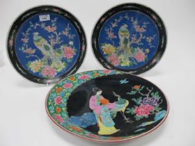 Japanese Pottery Plate, of a Girl and a Peacockm, together with a pair of Japanese plates (3)