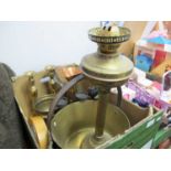 XIX Century Brass Jam Pan, pair of brass candlesticks, copper jug, brass door stop:- One Box.
