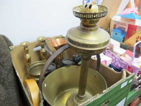 XIX Century Brass Jam Pan, pair of brass candlesticks, copper jug, brass door stop:- One Box.