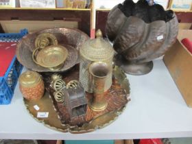 Indian Brass Coffee Pot, Bowl, etc, brass door knocker, copper shell shaped jardineire, copper