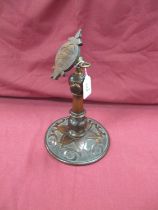 Late XIX Century Walnut Table Top Wig Stand, with height and lever adjusters on pokerwork circular