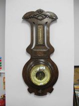 1920's Oak Anaroid Barometer, with temperature gauge, enamel dial, 75cm