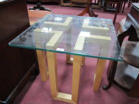 Glass Topped Coffee Table, on a wooden cruciform base, 60cm square. BOTH GLASS AND WOOD WITHOUT