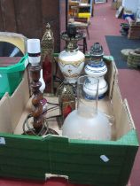 Oil lamps with glass chimneys, Barley twist oak lamp, etc:- One Box