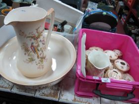 Crown Ducal Blush Ivory Wash Bowl and Jug, (cracked), trinket set, similar Devon ware.