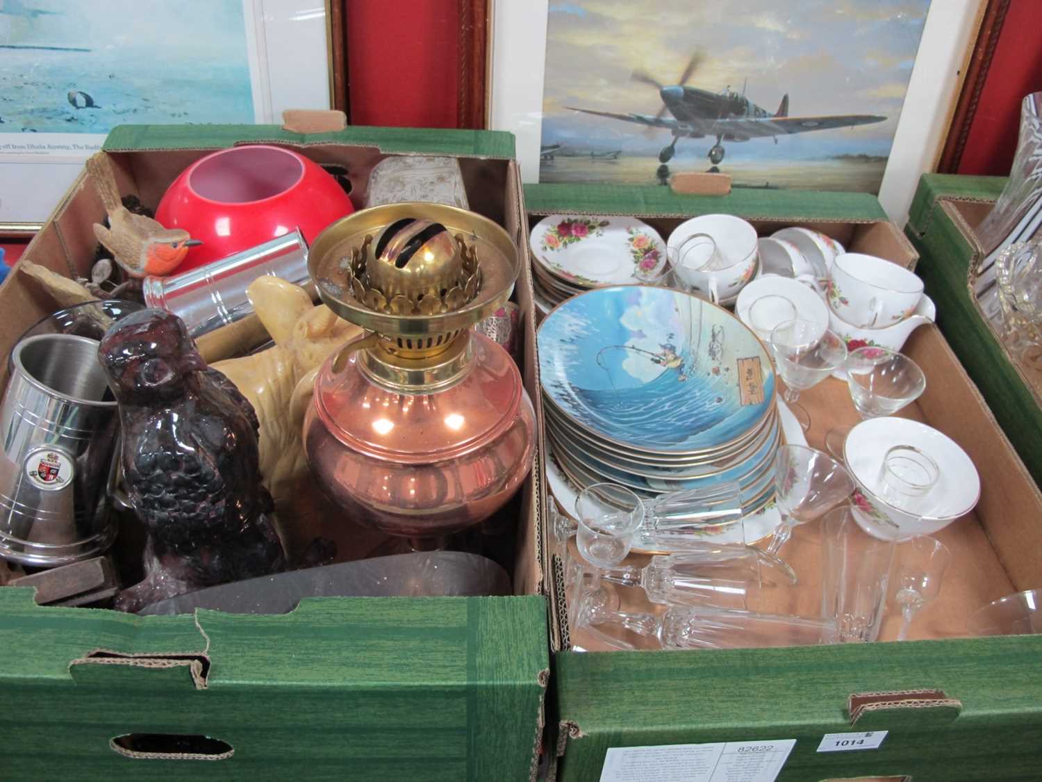 Brass Stationary Box, copper oil lamp, Gary Patterson The Art Fishing Plates, etc:- Two Boxes
