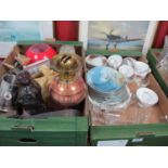 Brass Stationary Box, copper oil lamp, Gary Patterson The Art Fishing Plates, etc:- Two Boxes