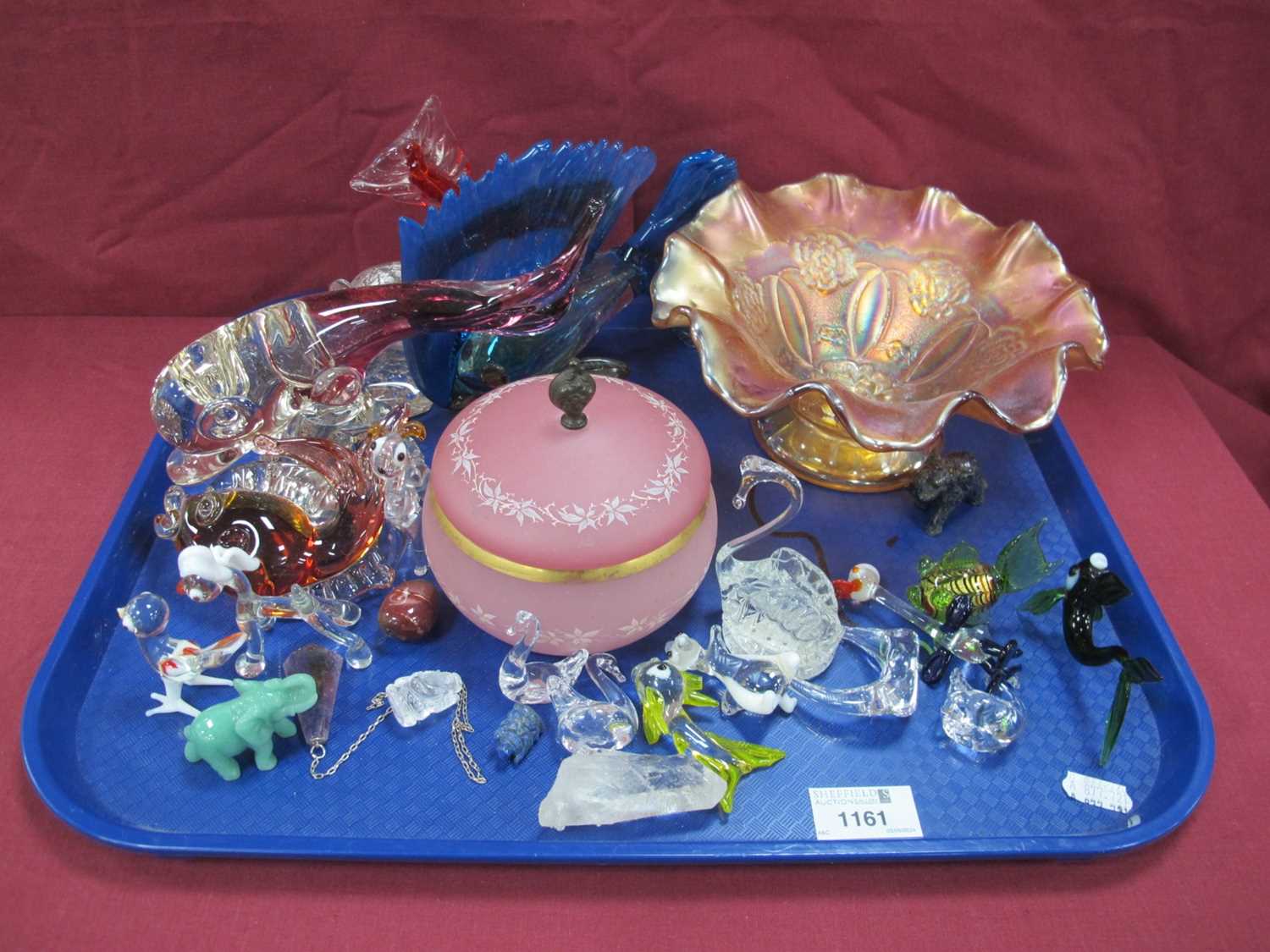 Dolphin Figures, Carnival bowl, friggers, other glassware:- One Tray.