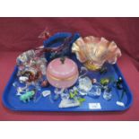 Dolphin Figures, Carnival bowl, friggers, other glassware:- One Tray.