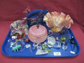 Dolphin Figures, Carnival bowl, friggers, other glassware:- One Tray.