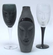 Mats Jonasson ; A pair of 'Elektra' Wine Glasses, one in black on a clear stem, the other frosted