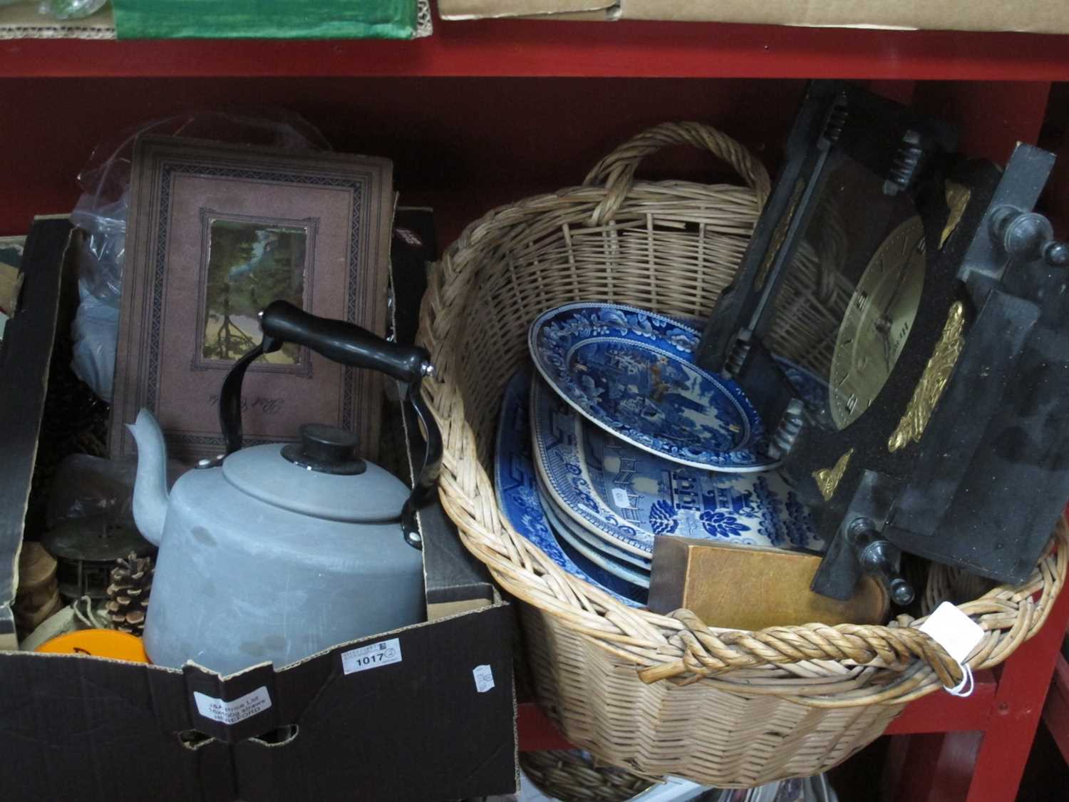 Blue & White Meat Plates, Hero wall clock, postcards in album, Agaluxe kettle, etc, basket and box
